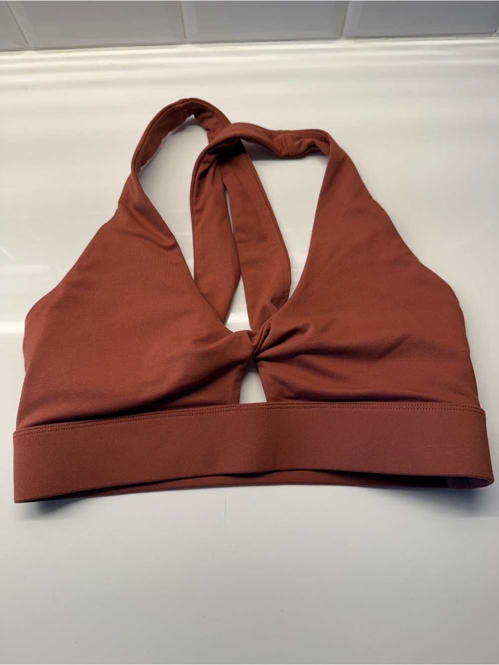 Fabletics Rust Twist-Front Halter Sports Bra